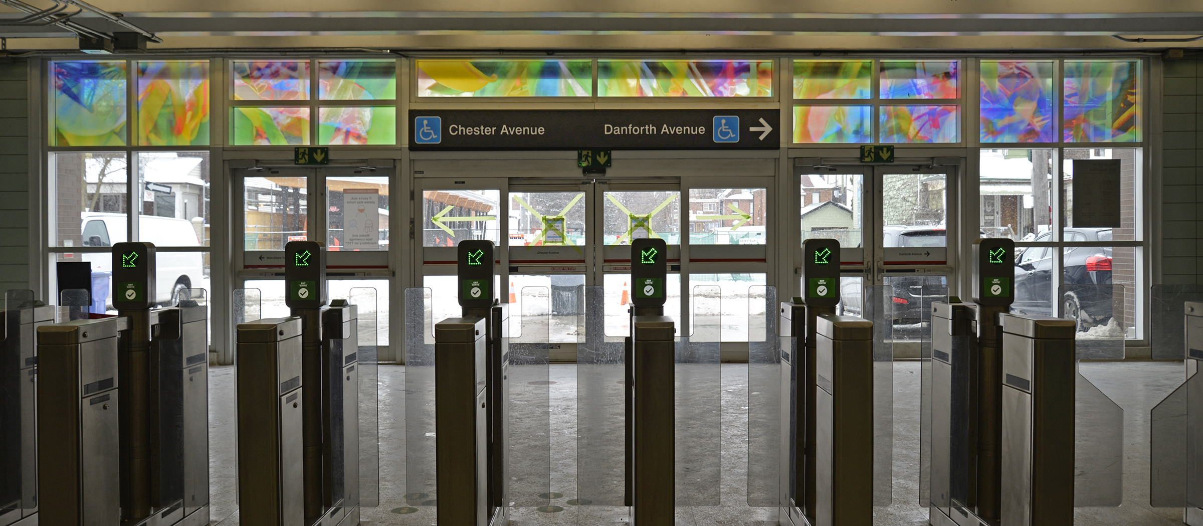 “Florae” mosaics and art glass at Chester subway station, Toronto, Canada